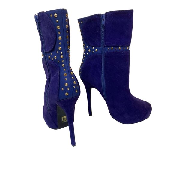 Blue Suede Studded High Heel Ankle Boots With Side Zipper For Women - Picture 2 of 3